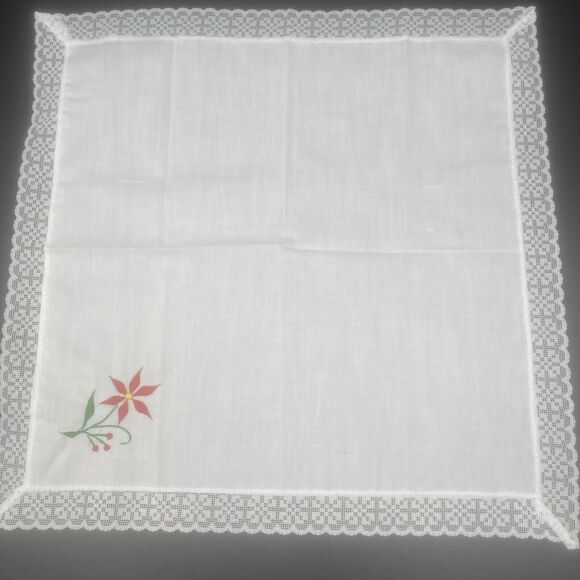 VTG Homemade White Cotton Napkins W/ Red & Green Flower & Lace Edge 16.5” -4 PC - Picture 9 of 10